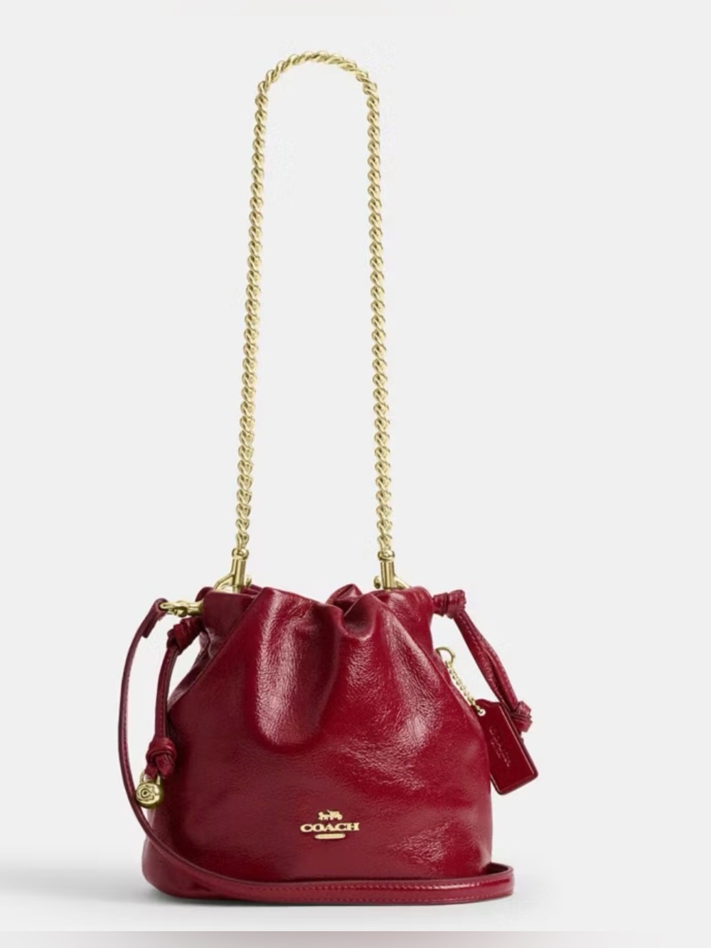 ❤️COACH NWT Mini Faye Cardinal Red Crinkle Cut Leather Drawstring Bag/Gold Chain